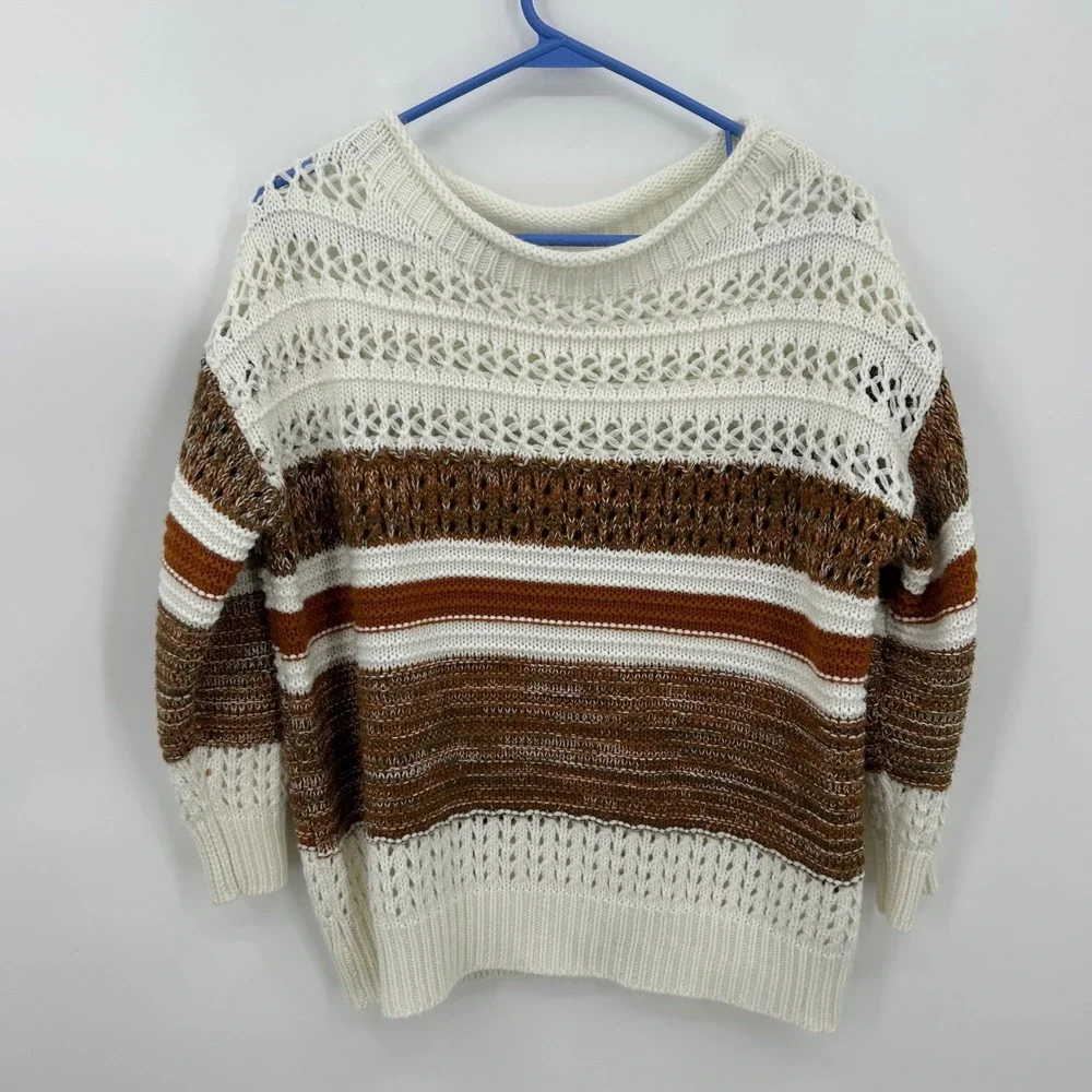 Womens Striped Open‎ Knit Sweater Boho Rust Brown White Size S Small 0502